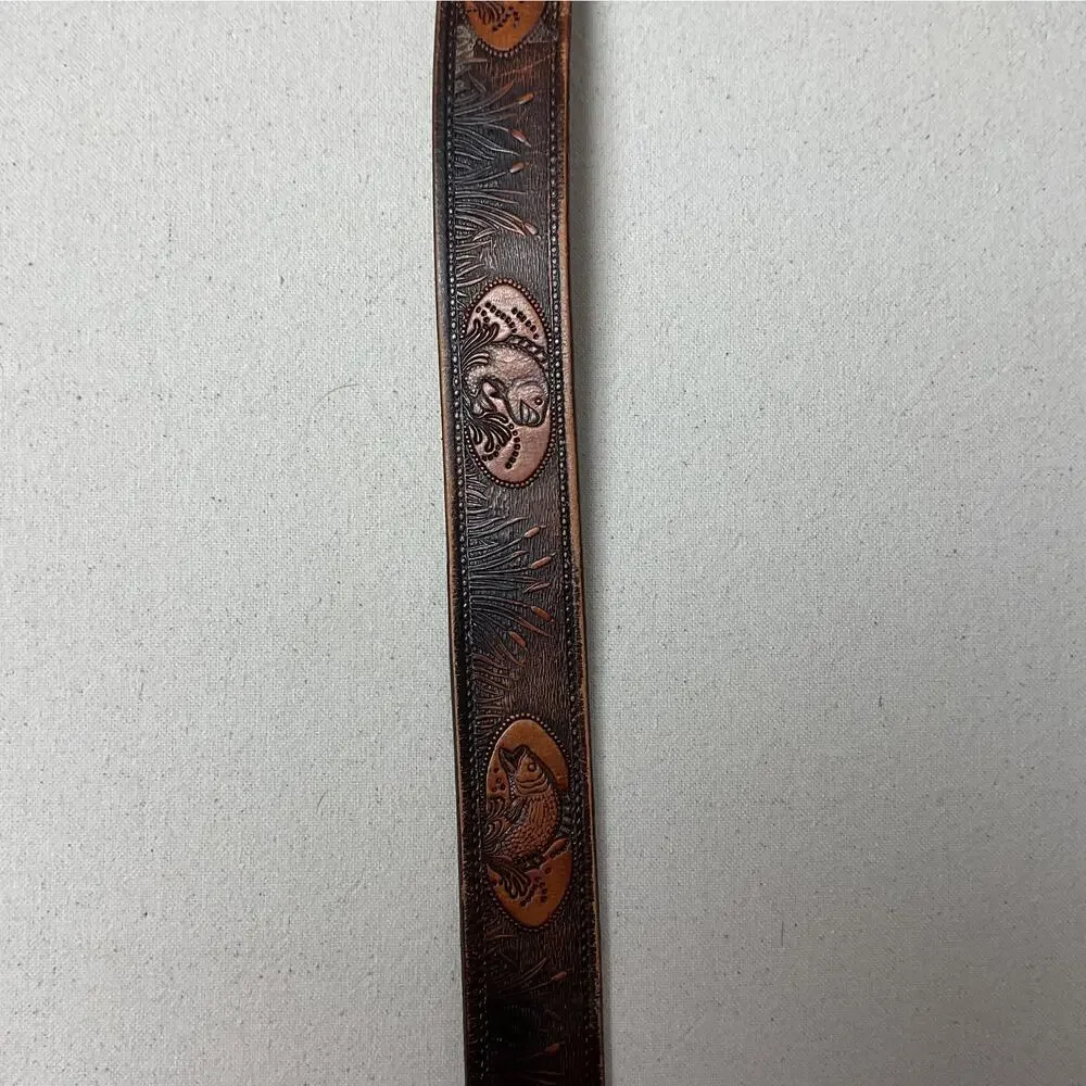 Vintage Brown Leather Western Style Fish Themed Belt 44 inch with Buckle
